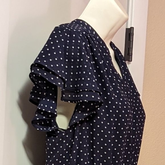 H&M Navy Blue V-neck Polk-A-Dot Midi Dress with Ruffled Sleeves & Tie Waist - Picture 4 of 11